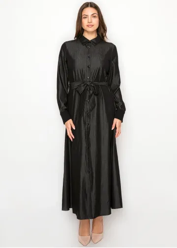 Black Denim Dress, Full Button Front & Belt