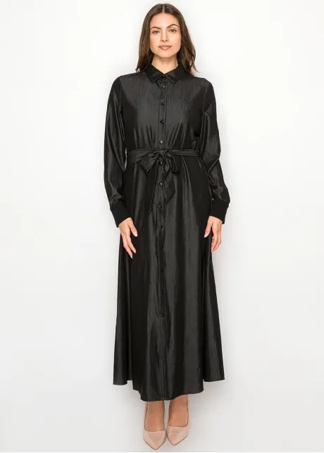 Black Denim Dress, Full Button Front & Belt