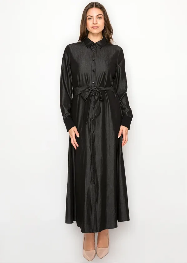 Black Denim Dress, Full Button Front & Belt
