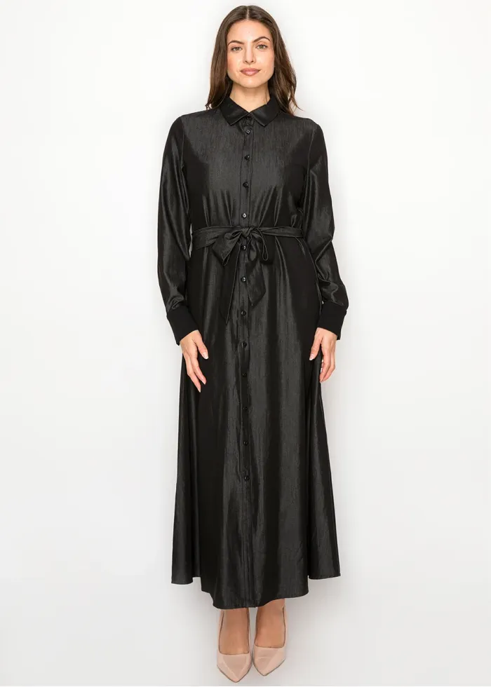 Black Denim Dress, Full Button Front & Belt