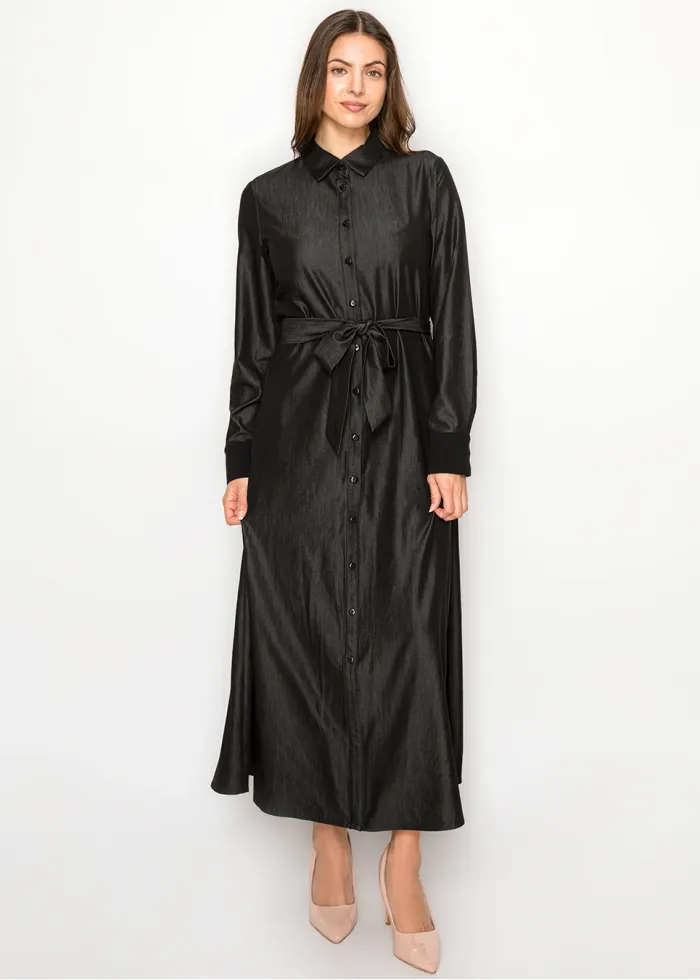 Black Denim Dress, Full Button Front & Belt