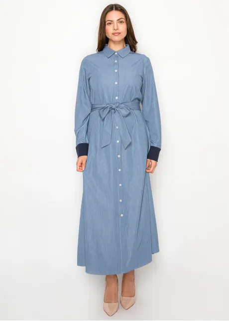 Soft Denim Midi Dress with Contrast Cuffs