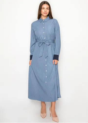 Soft Denim Midi Dress with Contrast Cuffs