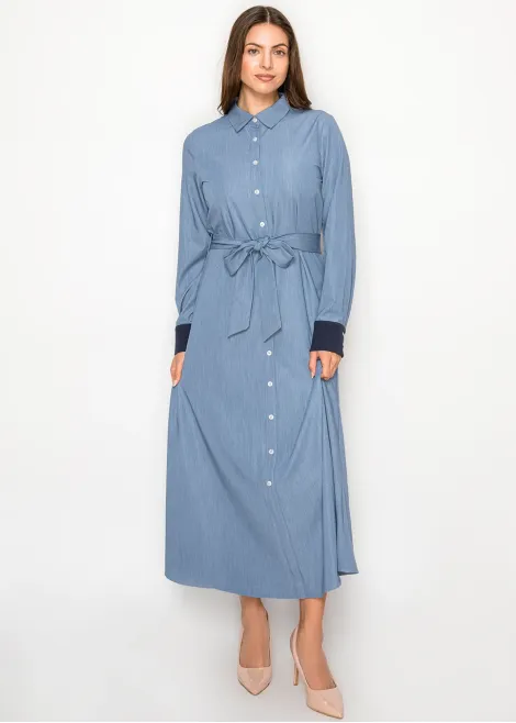 Soft Denim Midi Dress with Contrast Cuffs