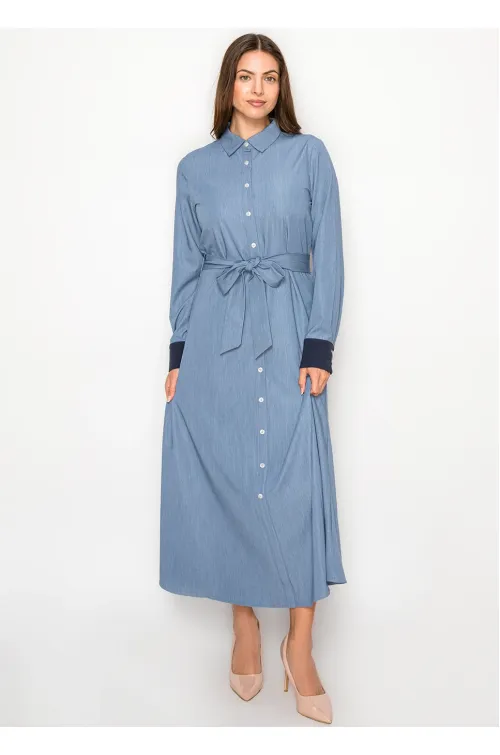 Soft Denim Midi Dress with Contrast Cuffs
