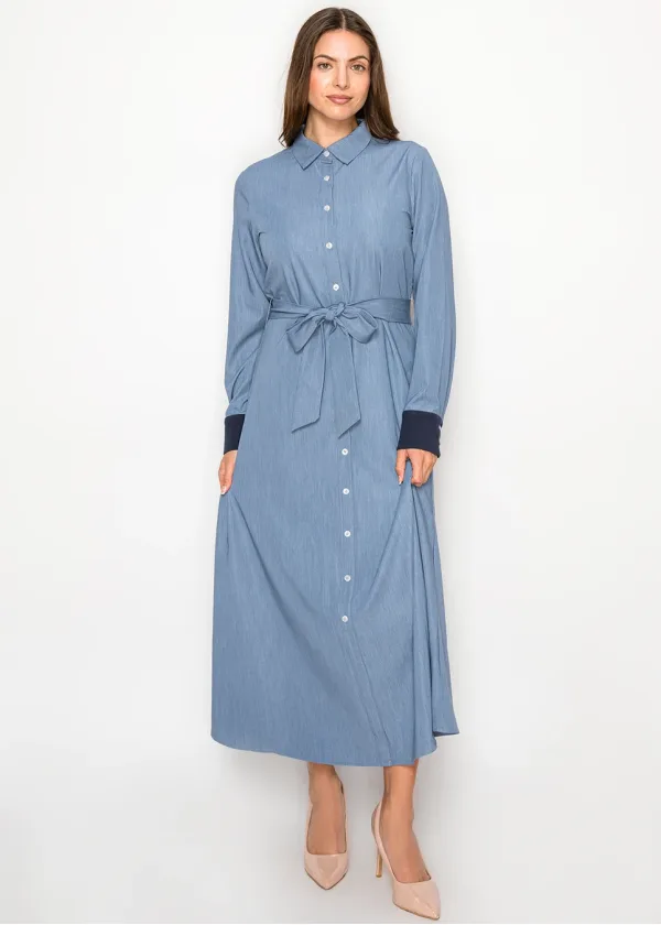 Soft Denim Midi Dress with Contrast Cuffs