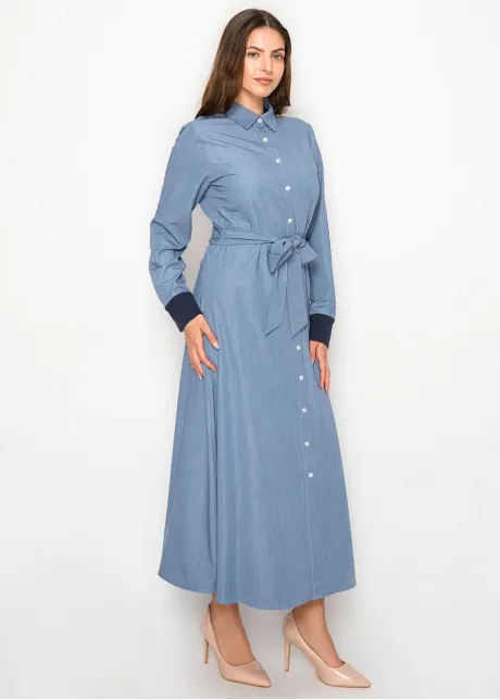 Soft Denim Midi Dress with Contrast Cuffs