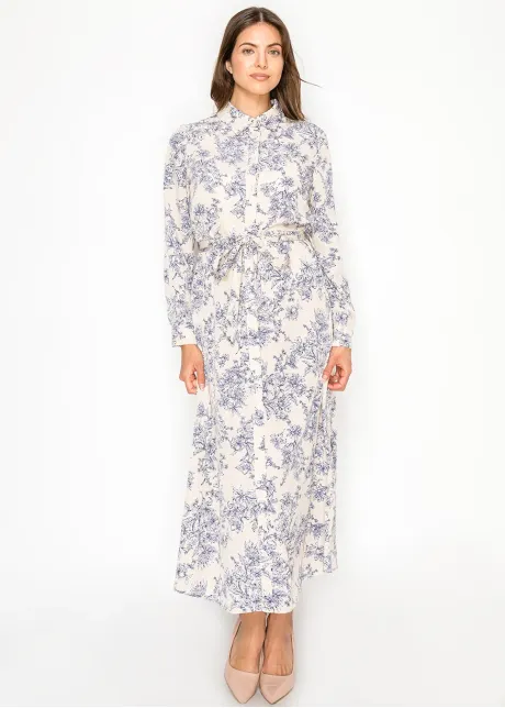 Beige Garden Line Floral Belted Dress