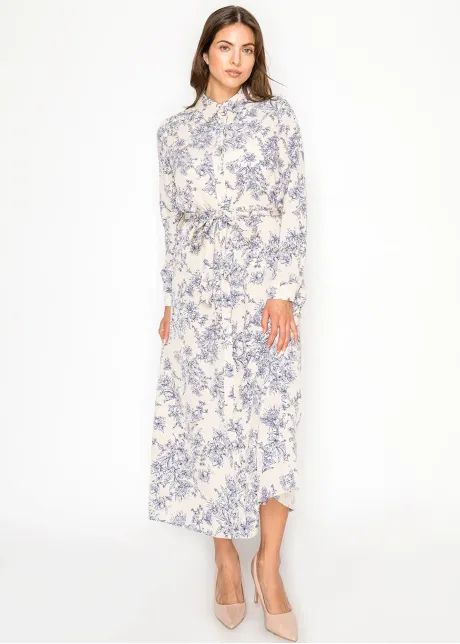 Beige Garden Line Floral Belted Dress