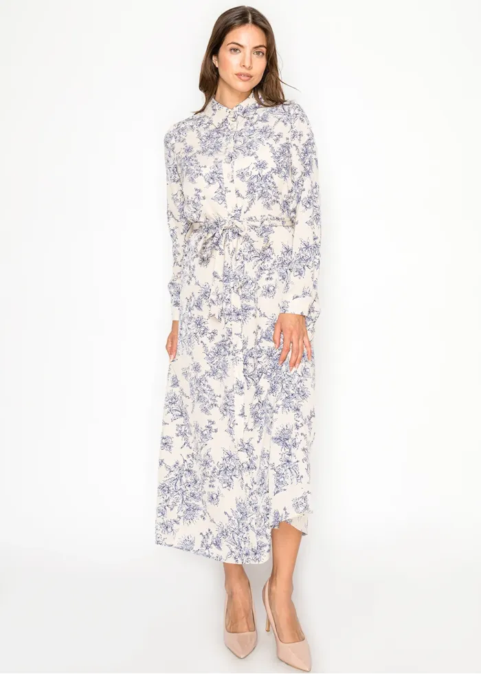 Beige Garden Line Floral Belted Dress