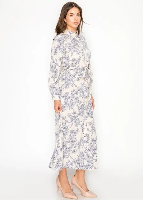 Beige Garden Line Floral Belted Dress