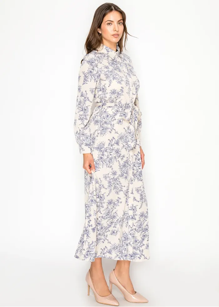 Beige Garden Line Floral Belted Dress