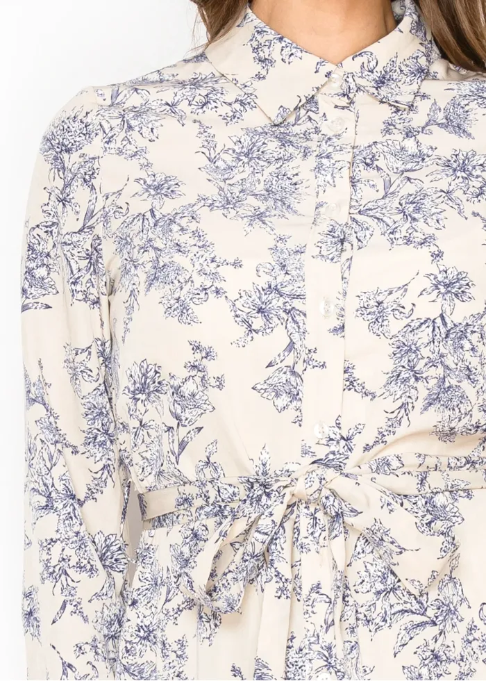 Beige Garden Line Floral Belted Dress
