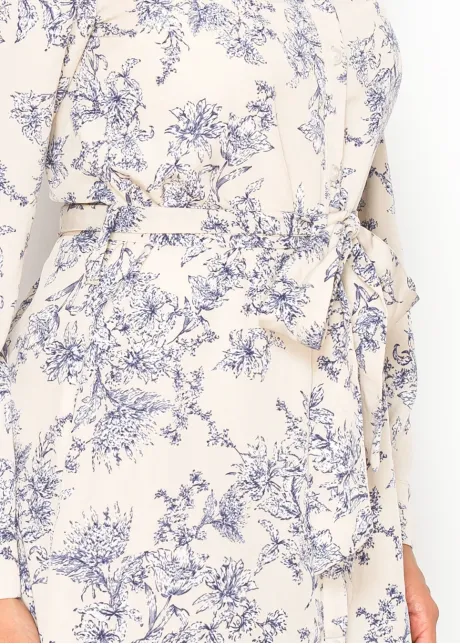 Beige Garden Line Floral Belted Dress