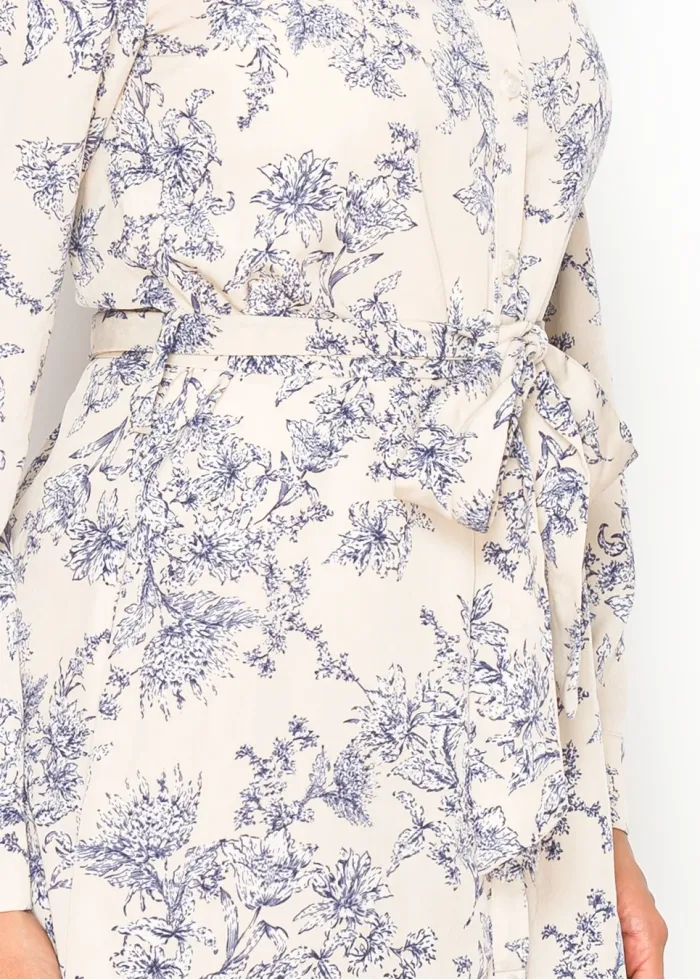 Beige Garden Line Floral Belted Dress