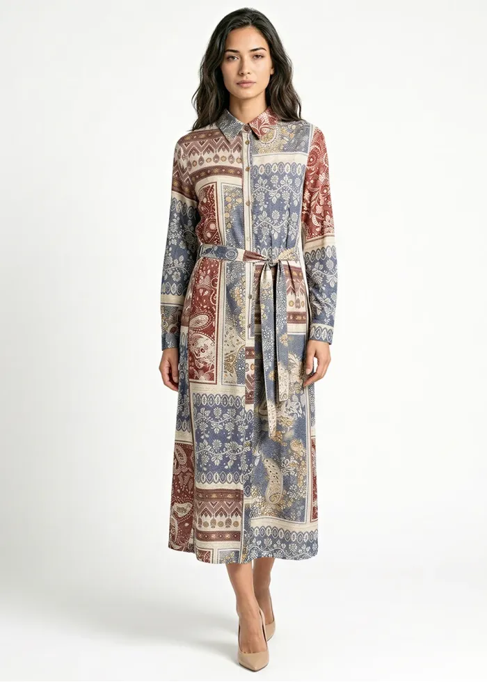 Patchwork Midi Dress, Full Button Front & Belt