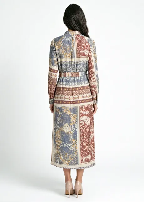 Patchwork Midi Dress, Full Button Front & Belt