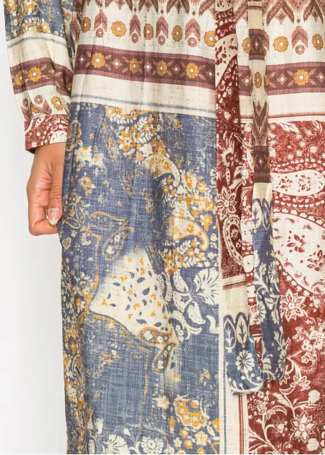 Patchwork Midi Dress, Full Button Front & Belt