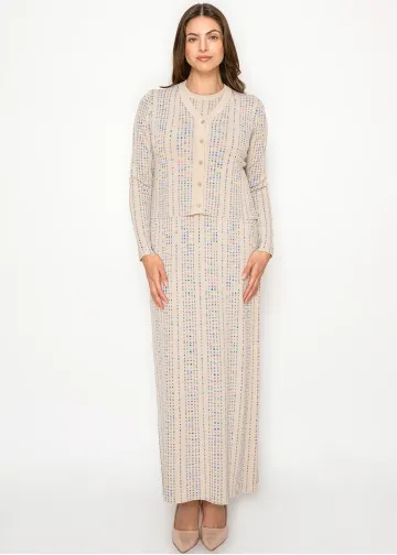 Beige knit dress with matching cardigan