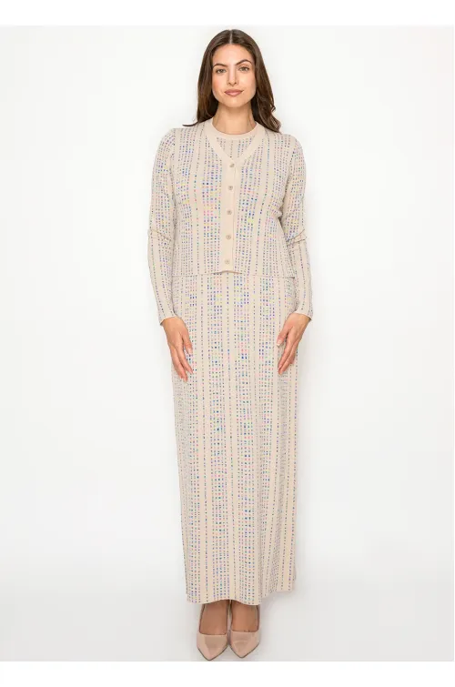 Beige knit dress with matching cardigan