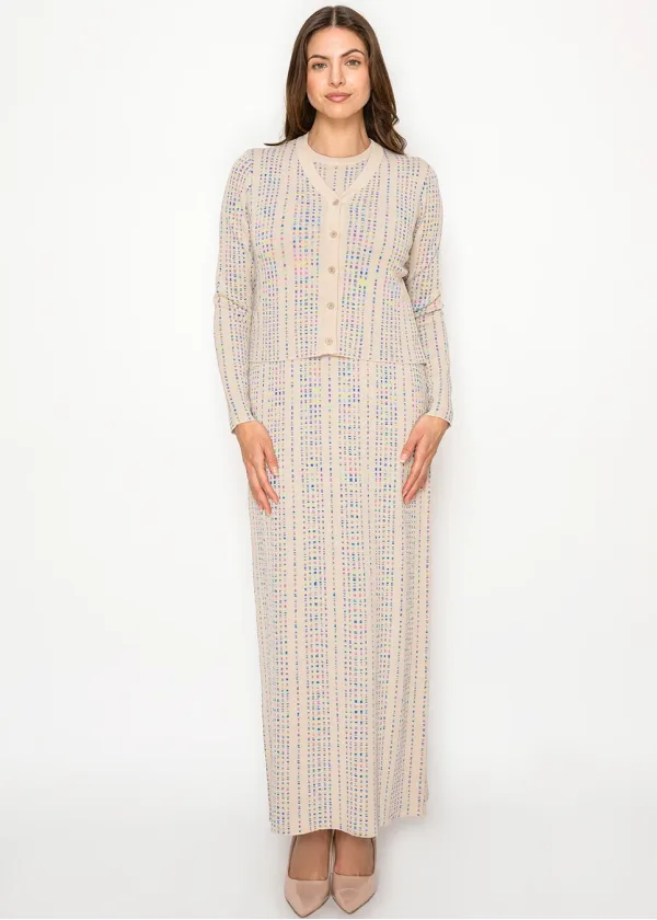Beige knit dress with matching cardigan