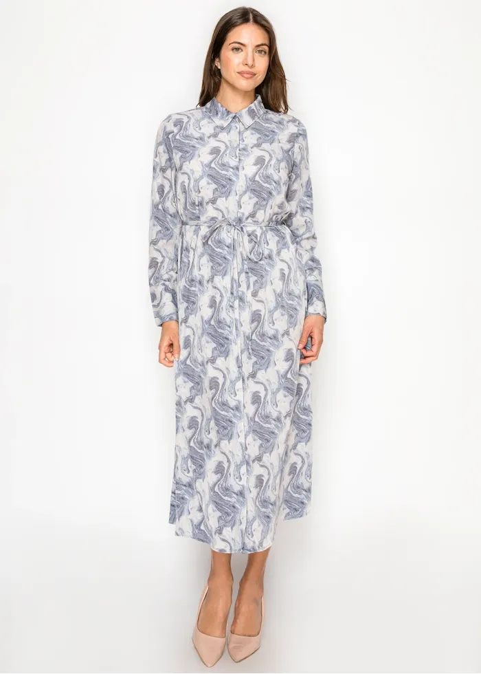 Blue Marble Print Midi Shirt Dress