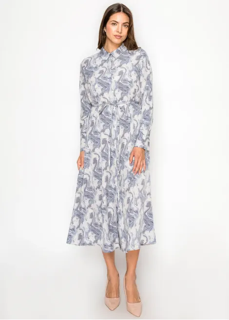 Blue Marble Print Midi Shirt Dress