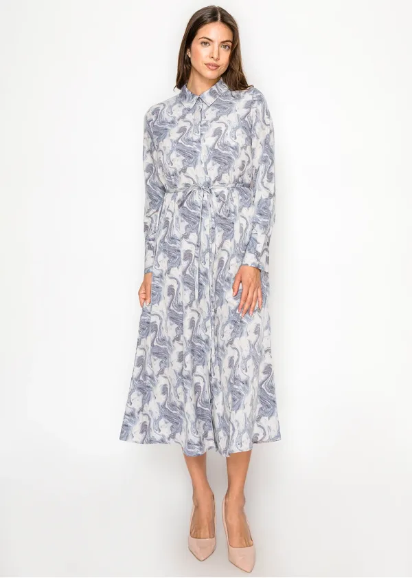 Blue Marble Print Midi Shirt Dress