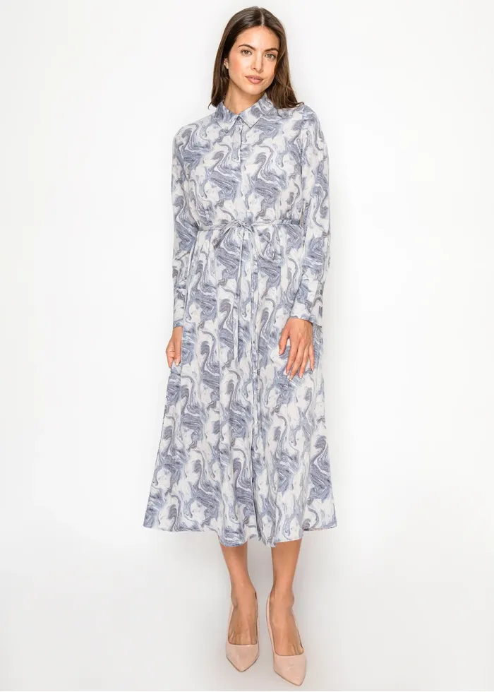 Blue Marble Print Midi Shirt Dress