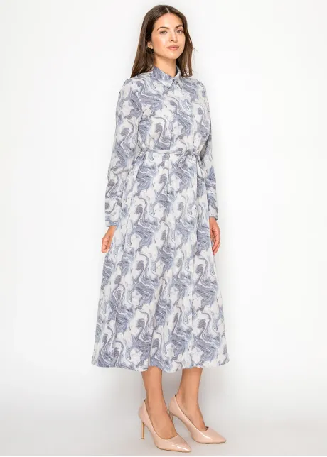 Blue Marble Print Midi Shirt Dress