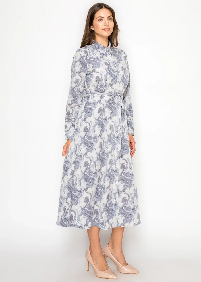 Blue Marble Print Midi Shirt Dress