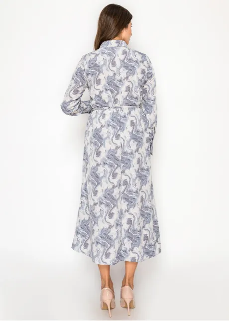 Blue Marble Print Midi Shirt Dress