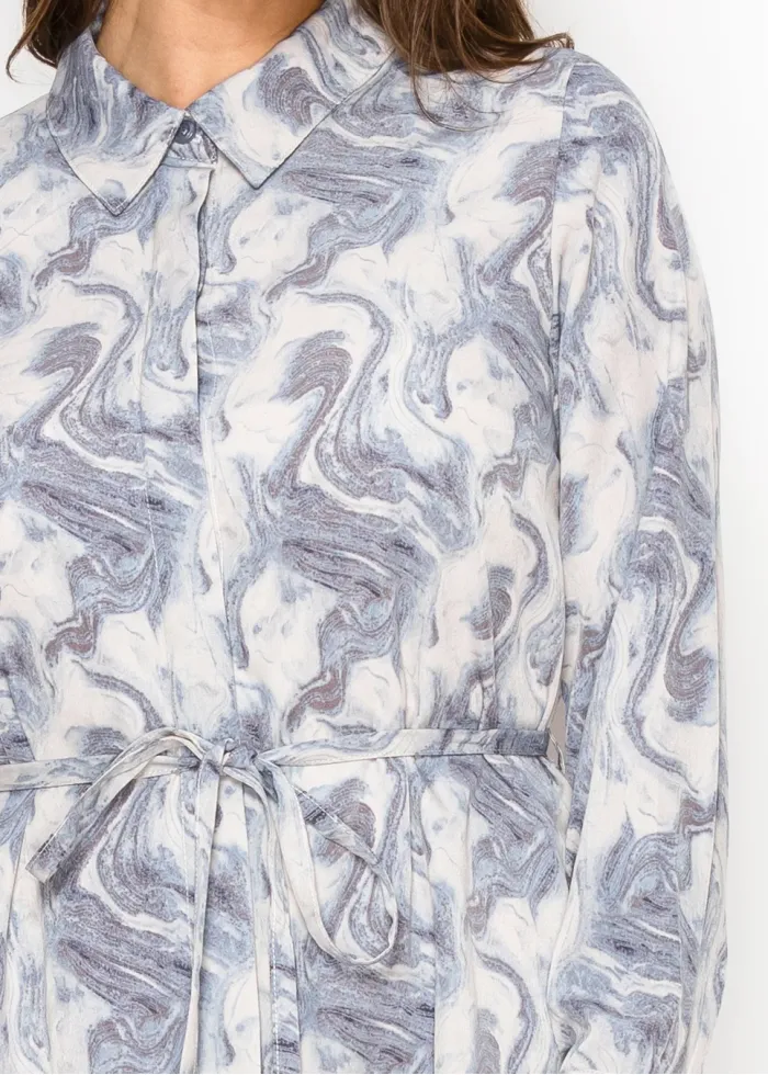 Blue Marble Print Midi Shirt Dress