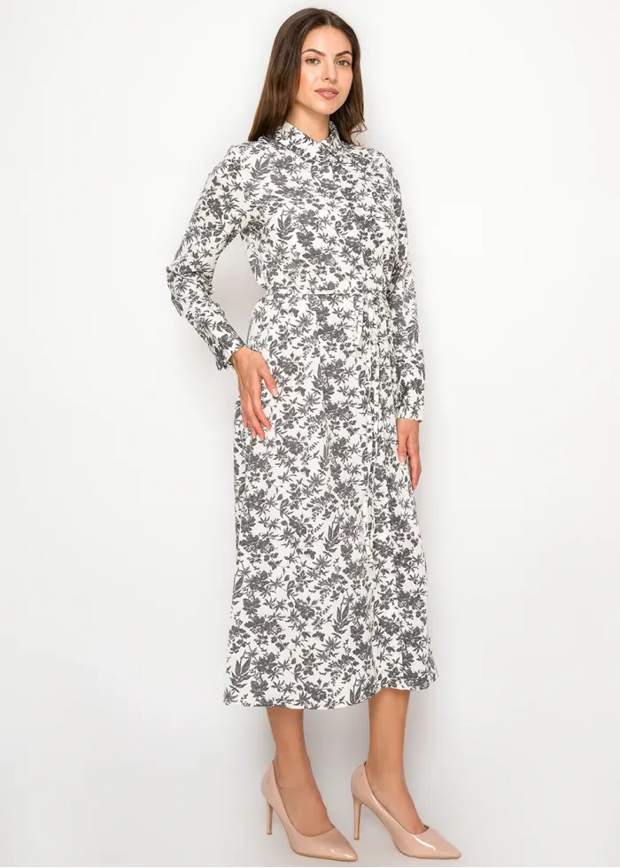 Floral Print Midi Dress — White & Grey Botanical