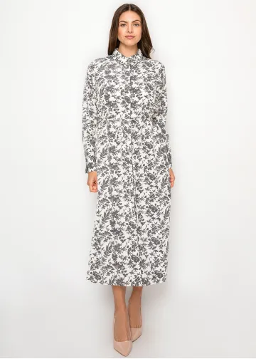 Floral Print Midi Dress — White & Grey Botanical