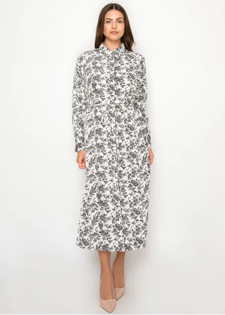 Floral Print Midi Dress — White & Grey Botanical