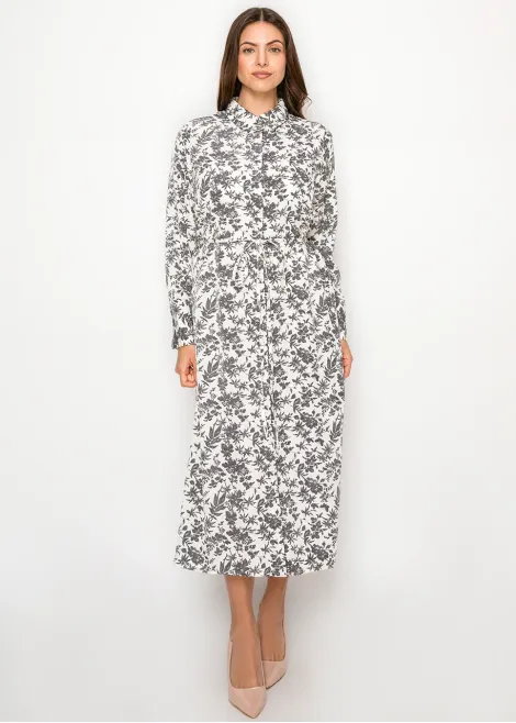 Floral Print Midi Dress — White & Grey Botanical