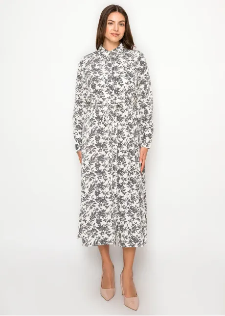 Floral Print Midi Dress — White & Grey Botanical