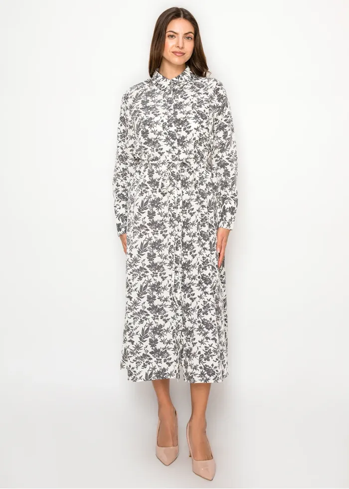 Floral Print Midi Dress — White & Grey Botanical