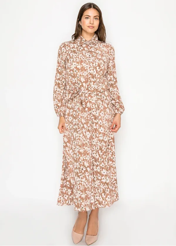 Floral Button-Front Dress with Waist Tie