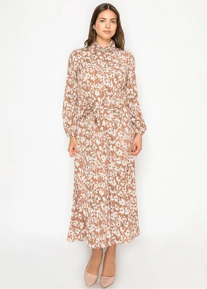 Floral Button-Front Dress with Waist Tie