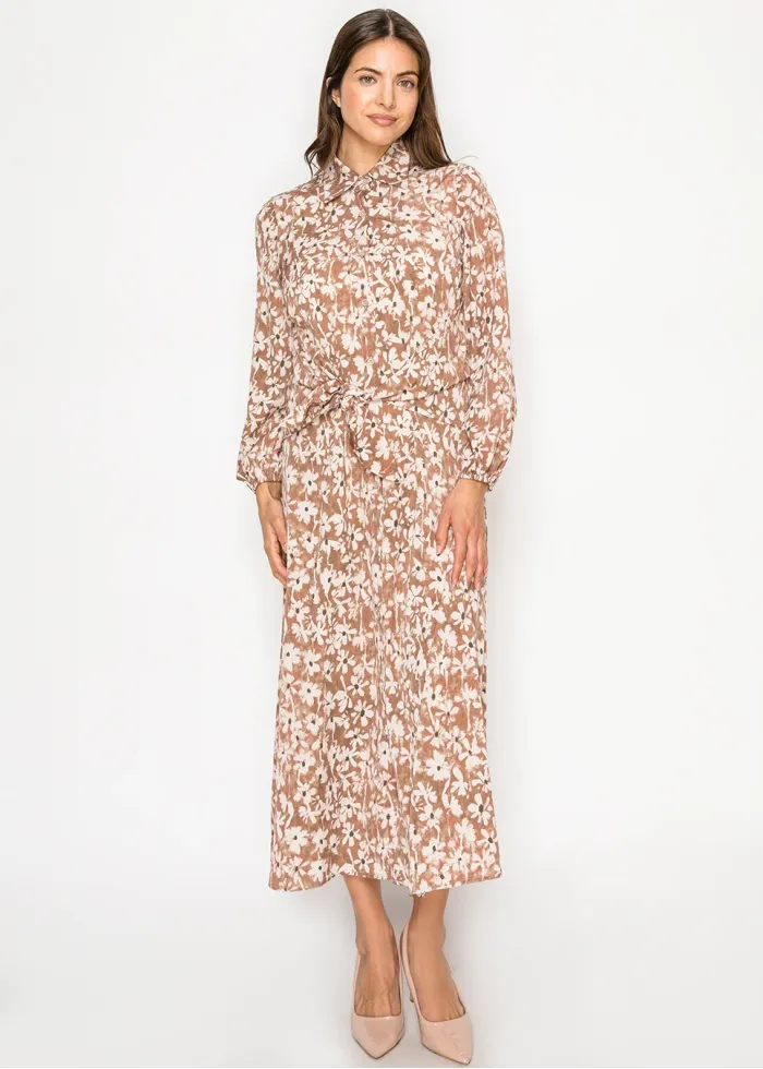 Floral Button-Front Dress with Waist Tie