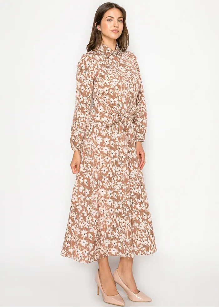 Floral Button-Front Dress with Waist Tie