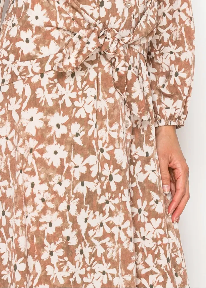 Floral Button-Front Dress with Waist Tie