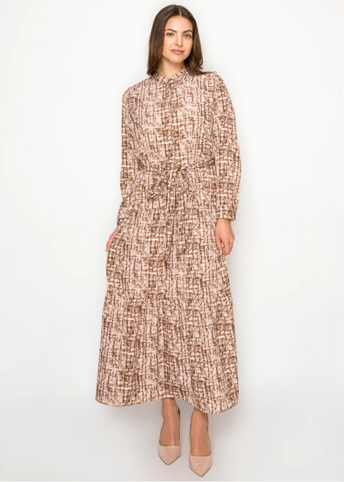 Printed Tiered Maxi Dress — Mocha & Blush