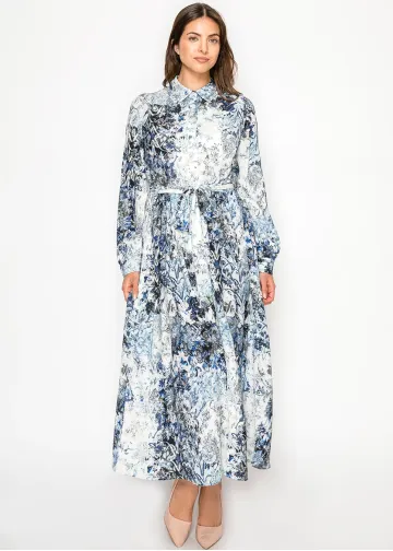 Navy & Ivory Floral Belted Shirt Dress