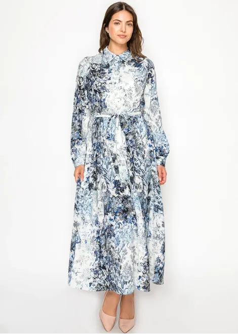 Navy & Ivory Floral Belted Shirt Dress