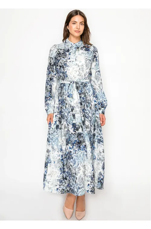 Navy & Ivory Floral Belted Shirt Dress