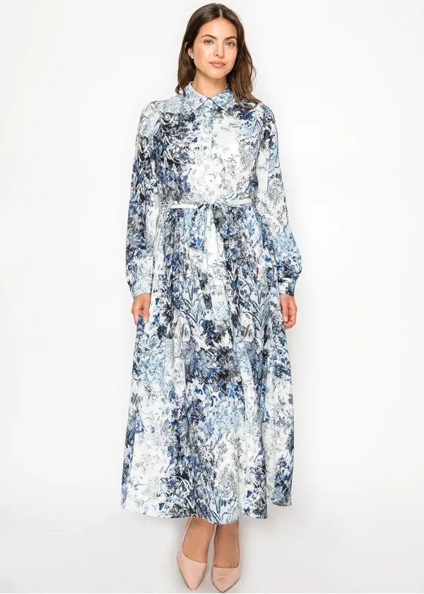 Navy & Ivory Floral Belted Shirt Dress