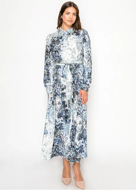 Navy & Ivory Floral Belted Shirt Dress